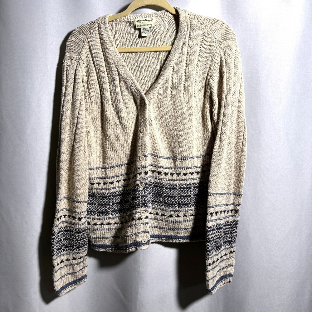 Eddie Bauer Linen Cotton Knit Sweater Cardigan Cottage Boho VTG 90s Womens L